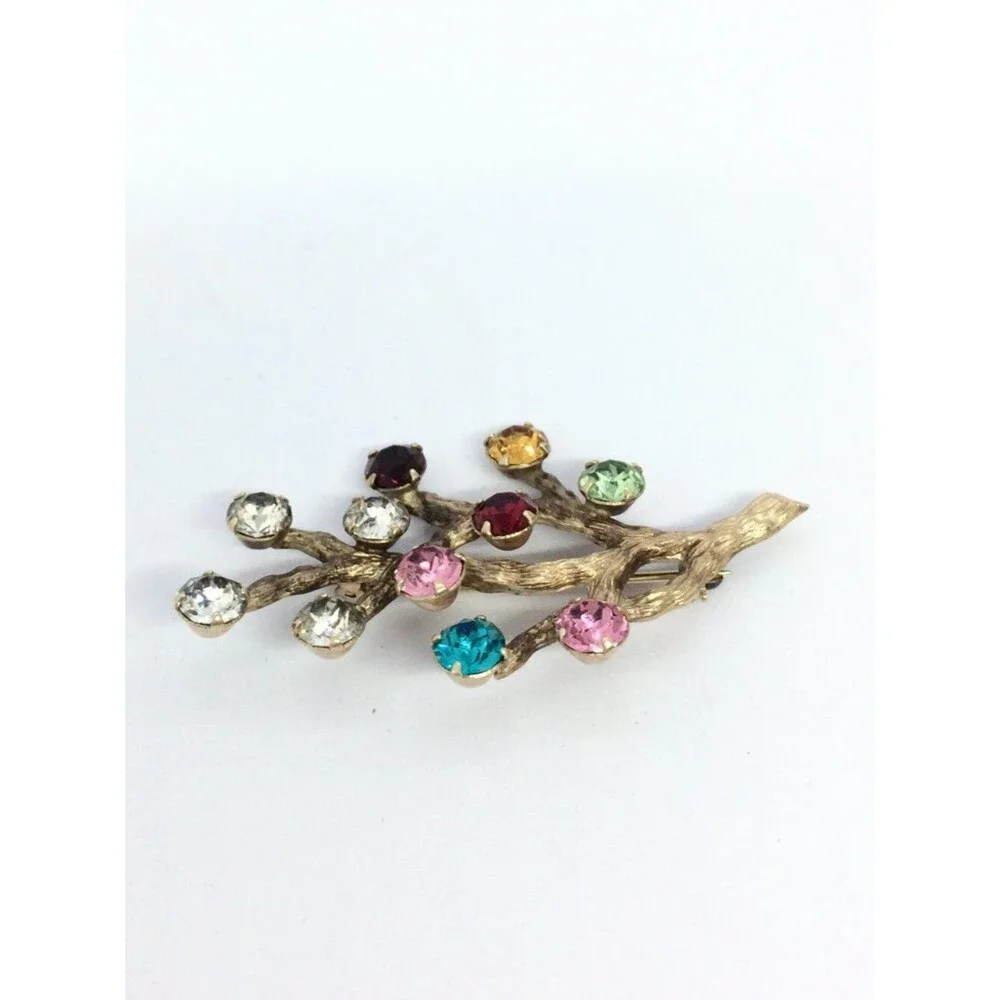 Vintage VAN DELL Brooch 12k Gold Filled Branch Multicolor Rhinestone UV Glow